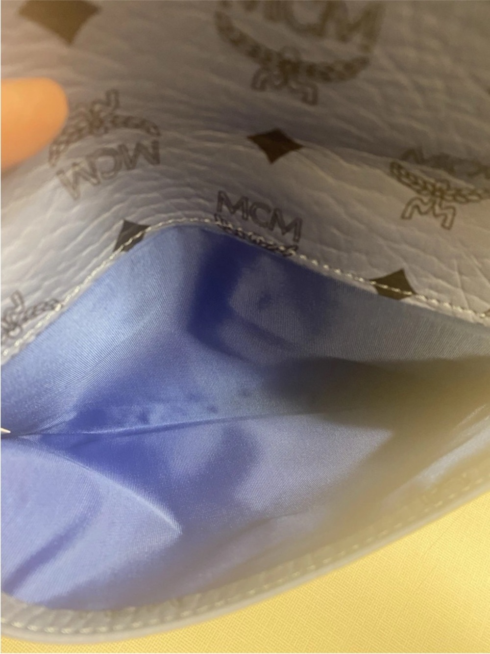 MCM Light Blue Logo Envelope Wallet clutch pouch like new with chain - Picture 10 of 11